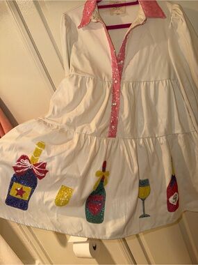 Fantastic Fawn Thanksgiving Cream Tiered Dress with Pink Sequin Trim